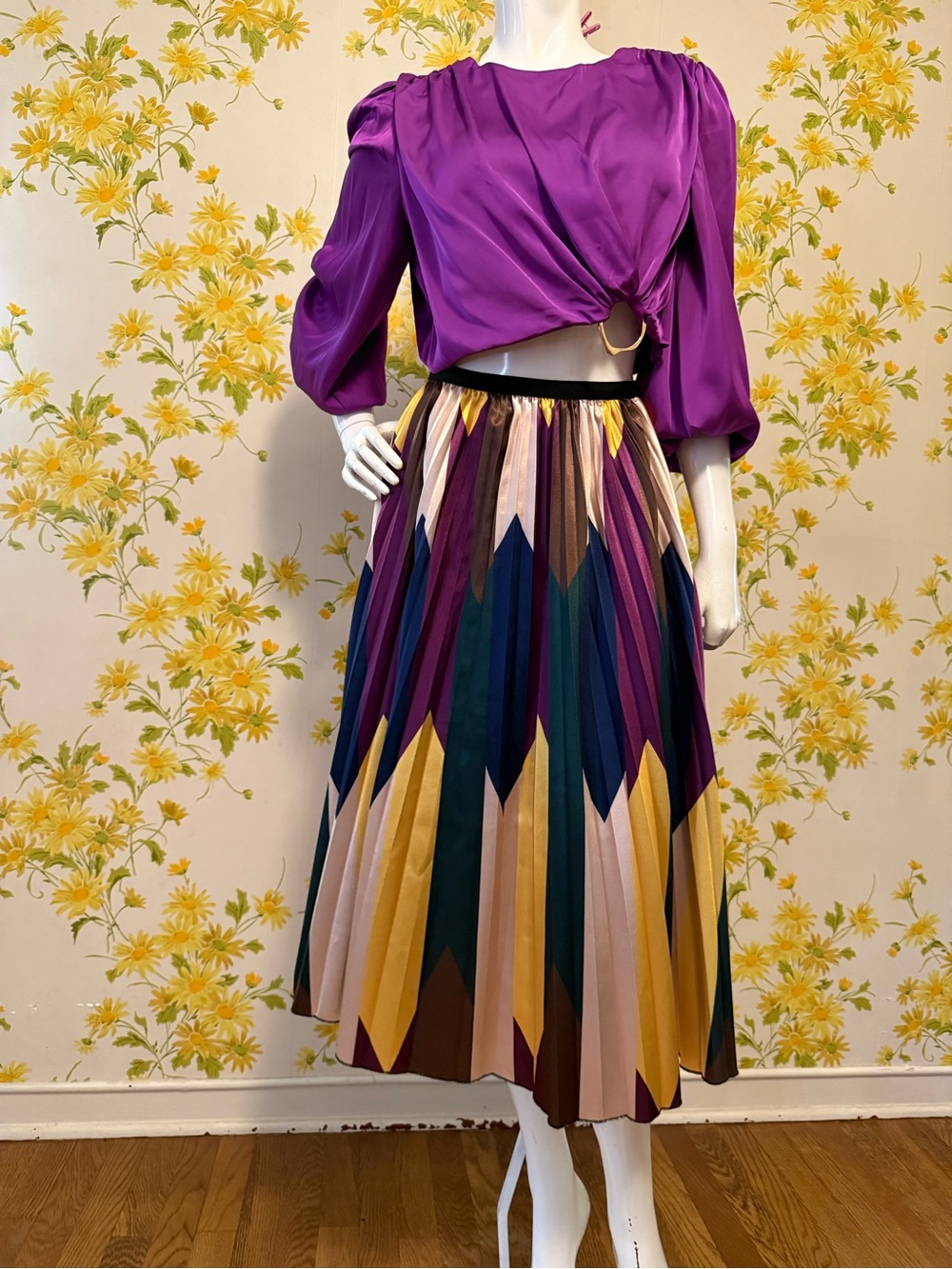 Purple Multi-Color Chevron Pleated Midi Skirt size S/M